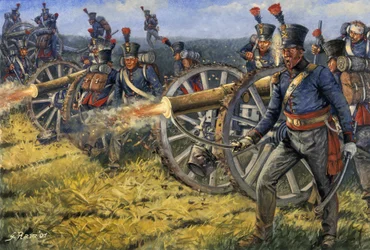 Eerste Keizerrijk: Nederlandse en Belgische artilleriesoldaten die kanonschoten afvuren tijdens de Slag bij Waterloo 18/06/1815 - Illustratie door Giuseppe Rava