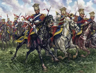 Eerste Keizerrijk: de Rode Lansiers of Regiment van Paard-Legers van de Keizerlijke Garde tijdens de Slag bij Waterloo op 18/06/1815