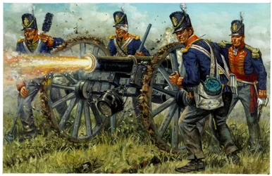 Eerste Keizerrijk: de Koninklijke Voetartillerie tijdens de Slag bij Waterloo op 18 juni 1815 - Illustratie door Giuseppe Rava