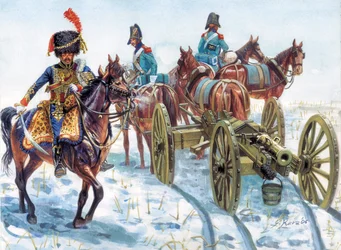 Eerste Keizerrijk: het slepen van de artillerie van de Grote Armee in de sneeuw - Illustratie door Giuseppe Rava