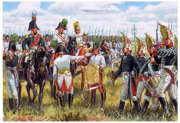 Eerste Keizerrijk: Austro-Russische staf van de Derde Coalitie in 1805 - Illustratie door Giuseppe Rava