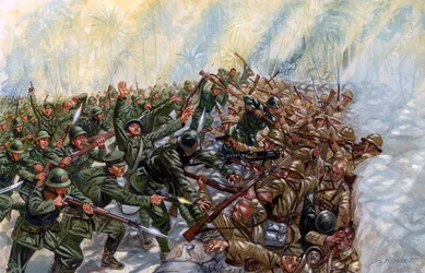 Frans-Thaise Oorlog (1940-1941): slag tussen het leger van Thailand van generaal Plaek Pibulsonggram en het Franse leger van de Vichy-regering in Indochina - Illustratie door Giuseppe Rava