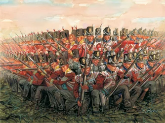 Napoleontische oorlogen: Engelse soldaten tijdens de slag bij Waterloo 18 juni 1815 - Illustratie door Giuseppe Rava