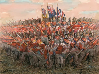Napoleontische Oorlogen: Engelse soldaten tijdens de slag bij Waterloo 18 juni 1815 - Illustratie door Giuseppe Rava