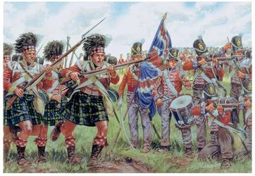 Napoleontische Oorlogen: Schotse en Britse soldaten bij de Slag van Waterloo op 18 juni 1815 - Illustratie door Giuseppe Rava