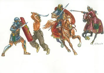 Romeinse legionair vecht tegen een Dacische krijger en Romeinse ruiter tegen een Sarmatische Cataphract