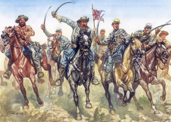 Secessieoorlog (1861-1865) - Amerikaanse burgeroorlog: de cavalerie van de confederatie die aanvalt - Illustratie door Giuseppe Rava