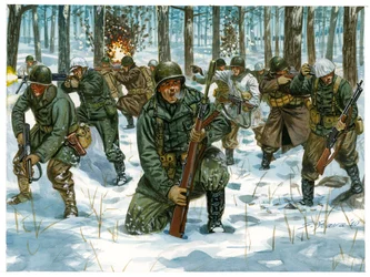 Tweede Wereldoorlog: Amerikaanse infanterieoffensief tijdens de Slag om de Ardennen in Bastogne, december 1944 - Illustratie door Giuseppe Rava