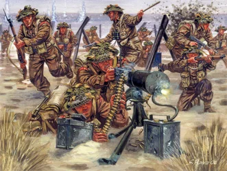 Tweede Wereldoorlog: Landing in Normandië in juni 1944, Engelse soldaten - WOII: Normandië landingen, de Britse troepen, 6 juni 1944 - Illustratie door Giuseppe Rava