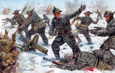 Tweede Wereldoorlog, Russisch Front: Italiaanse Alpenjagers in Rusland in januari 1943 - Illustratie door Giuseppe Rava