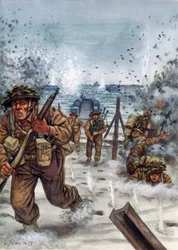 Tweede Wereldoorlog: Schotse soldaten tijdens de landing in Normandië 6/06/1944 - Illustratie door Giuseppe Rava