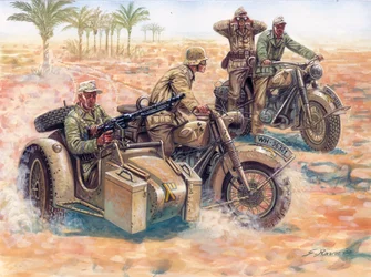 Tweede Wereldoorlog: het Deutsches Afrikakorps (DAK Afrika Korps) rijdt in zijspannen BMW door de Libische woestijn