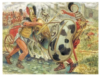 Trojaanse oorlog: Achilles vecht tegen Hector om de dood van Patroclus te wreken - Illustratie door Giuseppe Rava