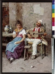 Tafereel in een taverne Schilderij door Giuseppe Sartori (1863-1922) Verplichte vermelding: Collectie stichting regards de Provence, Marseille