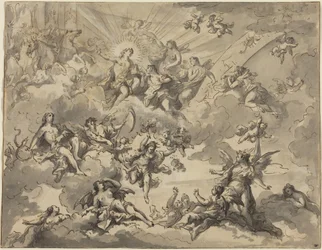 Apollo en de Muzen (pen en zwarte inkt met grijs gewassen over grafiet op geschept papier)