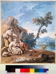 Drie boeren rustend aan de oever van een rivier