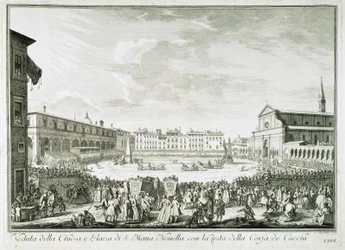 Festa della Corsa dei Cocchi op het Piazza Santa Maria Novella. Het feest van Corsa dei Cocchi plein van de Kerk van Santa Maria Novella in Florence. Tekening door Giuseppe Zocchi. Firenze, Biblioteca Riccardiana.