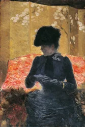 Vrouw op rode sofa
