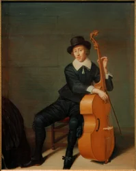 Portret van een zittende muzikant met zijn viola da gamba