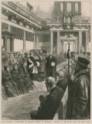 Verdeling van de liefdadigheid in Whitehall (gravure)