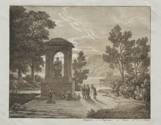 Boek van lithografische proeven met verschillende tekenmethoden zoals krijt, pen, penseel en was: Een landschap