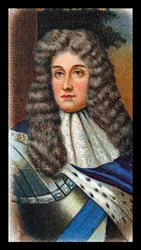 JAMES II (1633-1701) koning van Groot-Brittannië en Ierland 1685-88; gevlucht naar Frankrijk nadat Willem van Oranje (Willem III) landde bij Torbay. Chromolithografische kaart naar portret door Godfrey Kneller