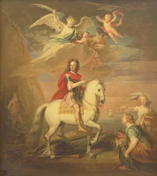 Willem III op een grijze hengst geobserveerd door Neptunus, Ceres en Flora. Mercurius in de lucht en Astrea