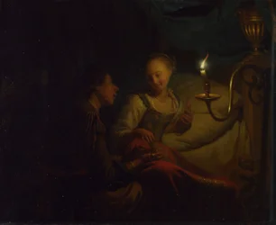 Een kaarslichtscène. Een man biedt een gouden ketting en munten aan een meisje op een bed, ca. 1665-1667