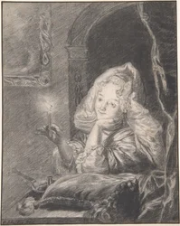 Jonge vrouw, zittend aan een tafel, met een kaars in haar hand
