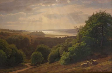 Uitzicht vanaf Vesterskov bij Mariager; op de achtergrond de fjord