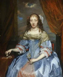 Dame in een blauw satijnen jurk