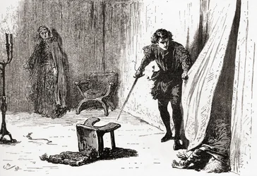 Een scène uit William Shakespeares toneelstuk Hamlet, Act III, Scene 4