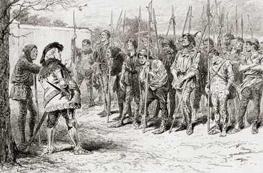 Een scène uit William Shakespeares toneelstuk Henry IV, Deel 1, Act IV, Scene 2, Falstaffs gehavende regiment, uit De Werken van William Shakespeare, gepubliceerd 1896