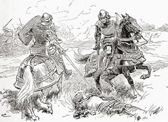 Een scène uit William Shakespeares toneelstuk Henry IV, Deel 1, Act V, Scene 3, Graaf van Douglas: Alles is gedaan, alles is gewonnen, hier ligt de koning ademloos, uit De Werken van William Shakespeare, gepubliceerd 1896
