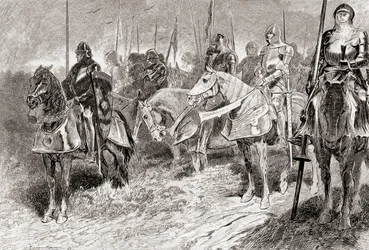 Een scène uit William Shakespeares toneelstuk Henry V, Act IV, Scene 2, Lord Grandpré: De ruiters zitten als vaste kandelaars met fakkelstaven in hun hand, uit De Werken van William Shakespeare, gepubliceerd 1896