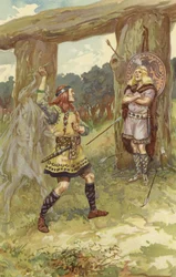 Hodur nam de maretak van Loki, en Loki leidde zijn arm, en hij wierp het naar Baldur, en met een scherpe kreet viel Baldur dood neer