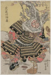 Musashibo Benkei knielend bij een pruimenboom, ca. midden of laat 1810s
