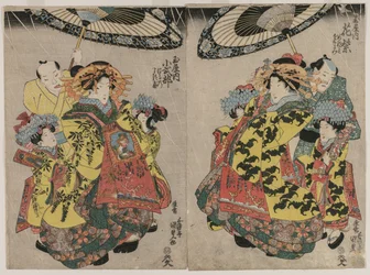 De Courtisanes Hanamurasaki en Koshikibu van de Tamaya die in de Regen Promeneren, ca. begin 1830s