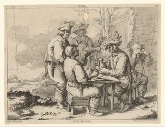 Vijf boeren aan tafel in de buitenlucht (Landelijke gezelligheid)