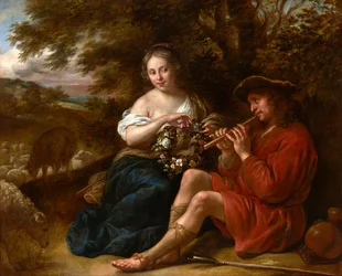 Dutch: Herderin luisterend naar fluitspelende herder in een arcadisch landschap Elegant Shepherdess Listening to a Shepherd Playing the Recorder in an Arcadian Landscape