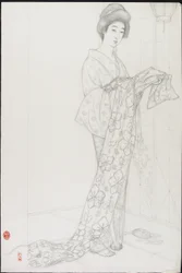 Voorbereidende tekening voor vrouw in kimono-ondergoed