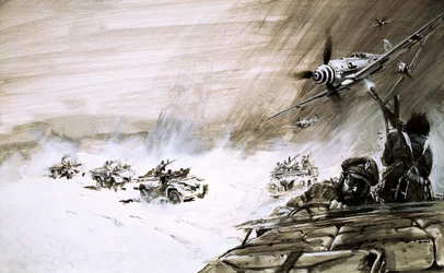 Een konvooi van vijf zware vrachtwagens die de Egyptische zandzee oversteken worden aangevallen door een vijandelijk vliegtuig (gouache op papier)