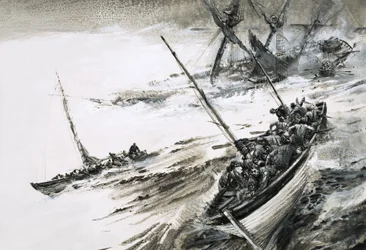 Ongeïdentificeerd scheepswrak met reddingsboten die ontsnappen in stormachtige zeeën