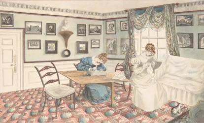 Twee jonge vrouwen aan het schrijven en naaien in een interieur in Hatton, Warwickshire, 1820-30