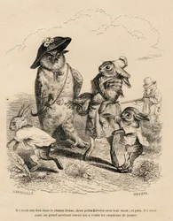 Twee kleine hazen met hun grote zus gestopt door een uil in een veld. Een vos die aan het jagen is staat achter hen. Vignetten geïllustreerd door JJ Granville. Gravure gesigneerd Breviere in het deel "Verhaal van een haas" geschreven door PJ Stahl in