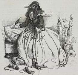 Geleerde vrouw, karikatuur door Jean-Jacques Grandville (1803-1847), lithografie door Giovanni Mariani uit Poliorama Pittoresco, nr. 18, 11 december