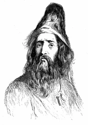 Portret van Robinson Crusoe na 11 jaar op zijn verlaten eiland - illustratie door Grandville voor de roman van Daniel De Foe - editie Garnier 1869 p 138