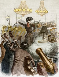 Een concert heeft een machinegeweer. Cartoon door Hector Berlioz die een orkest dirigeert. In 