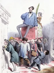 Alfred de Vigny klopt aan de deur van de Academie met zijn volledige werken, en Eugène Sue, zittend op Les mystères de Paris, gekleed in het blauwe canvas paletot van Prins Rodolphe - door Grandville, in Le Charivari van 21/02/1844