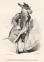 Ezel als academicus, beladen met werken. Vignetten geïllustreerd door J. J. Grandville. Gravure gesigneerd door Caque in het onderdeel "Ezelgids voor het gebruik van dieren die eerbewijzen willen verwerven", geschreven door Honoré de Balzac, in "Taferelen